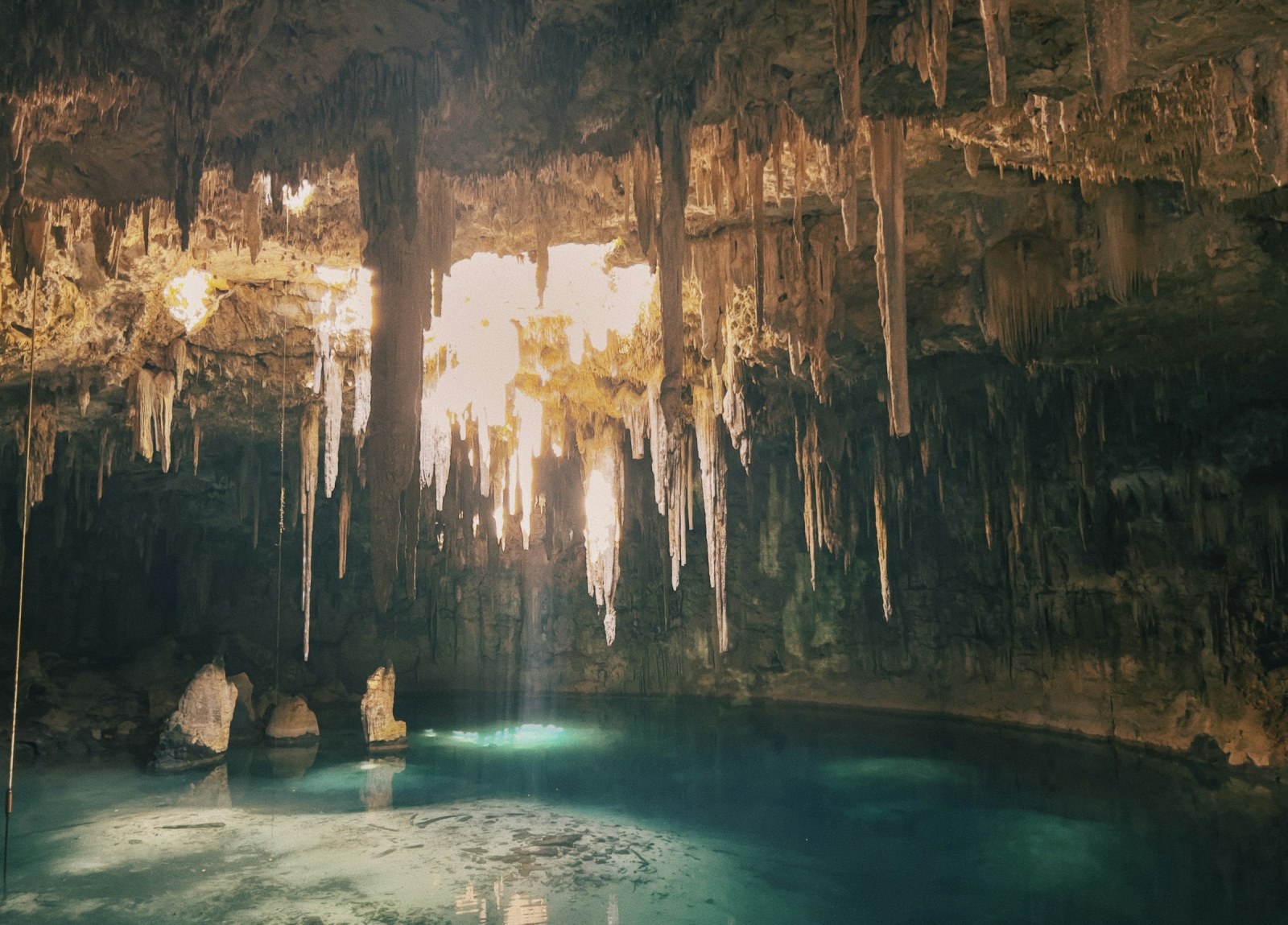 Un cenote de aguas verdes y transparentes rodeado de vegetación en la selva de Yucatán