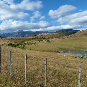 Paisaje rural de la Patagonia chilena, con una cerca de madera y montañas al fondo bajo un cielo nublado