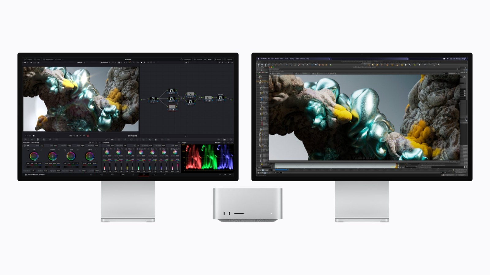 Dos Mac Studio con monitores mostrando edición de vídeo y render 3D en DaVinci Resolve y Redshift