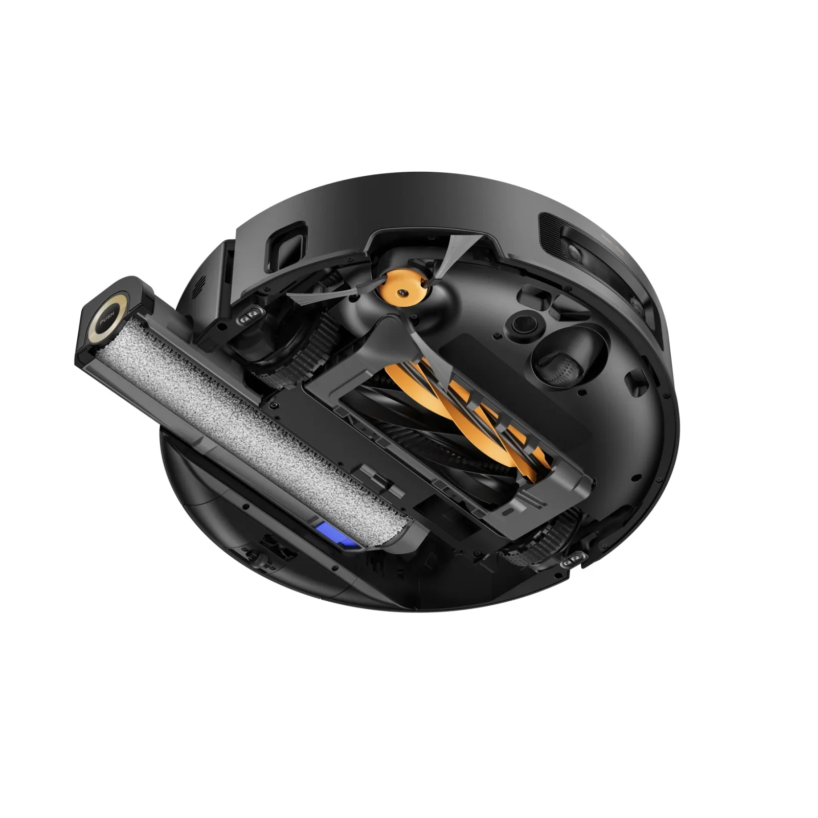 Parte inferior del robot Dreame Aqua20 Pro Ultra Roller X con el rodillo de fregado extendido