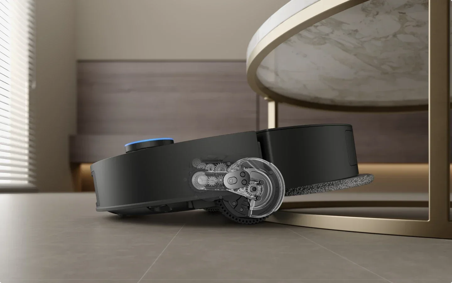 El Dreame X60 Max Ultra en un salón moderno, limpiando junto a una mesa baja