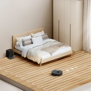 El Roborock Q7 M5+ limpia el suelo de madera de un dormitorio luminoso