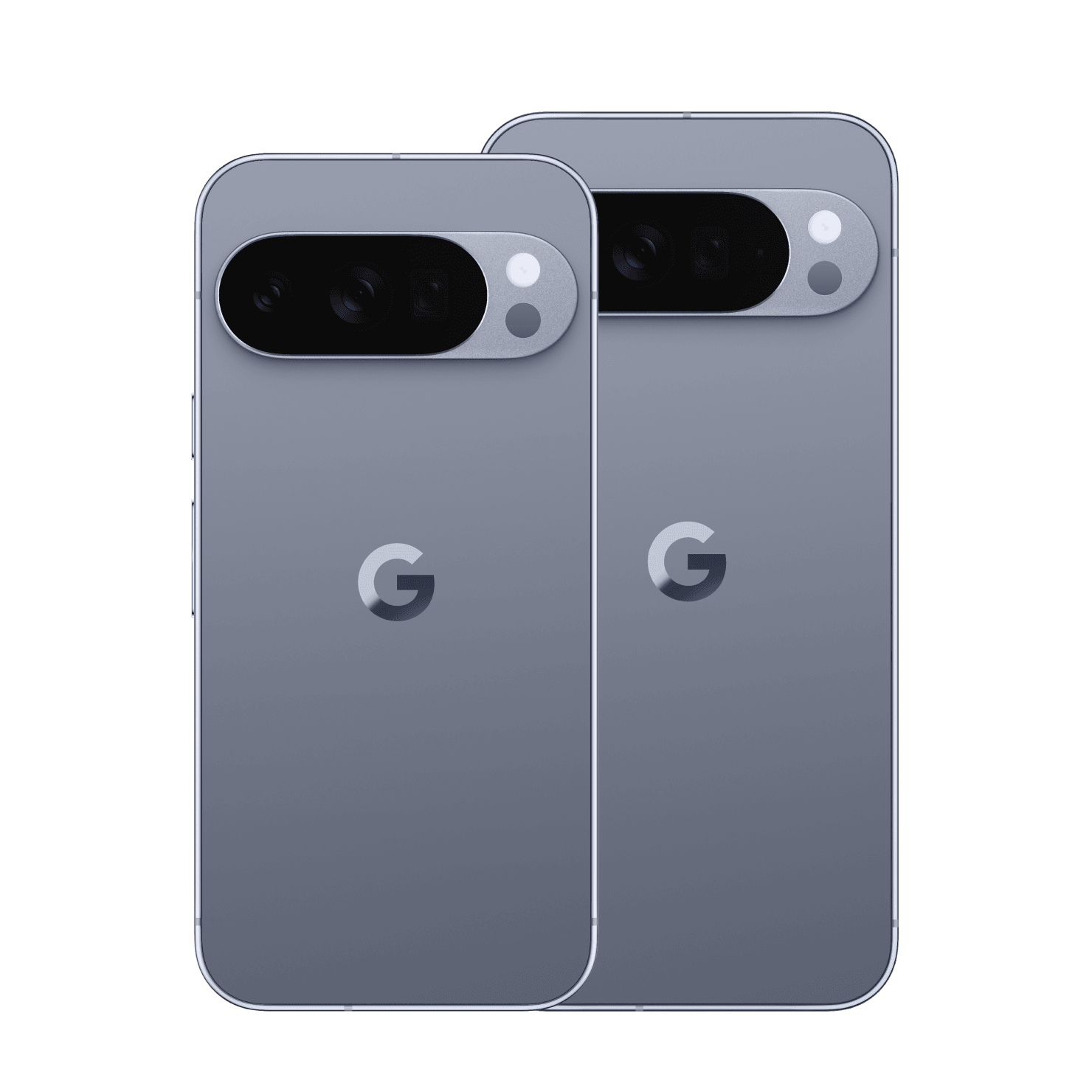 Google Pixel 10 Pro y Pixel 10 Pro XL en color gris piedra lunar, vistos por detrás