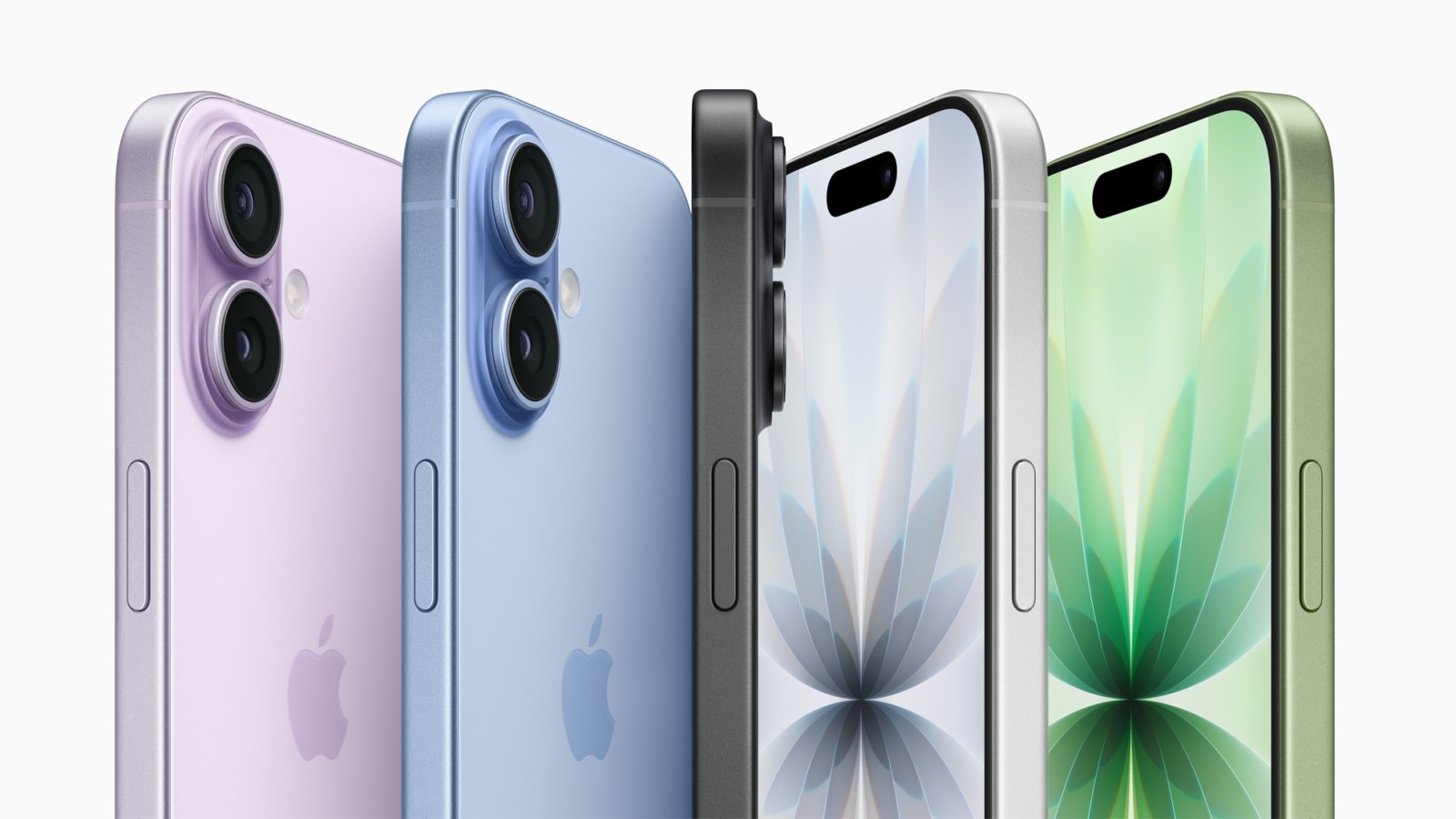 Gama de colores del iPhone 17: lavanda, azul niebla, negro, blanco y verde salvia