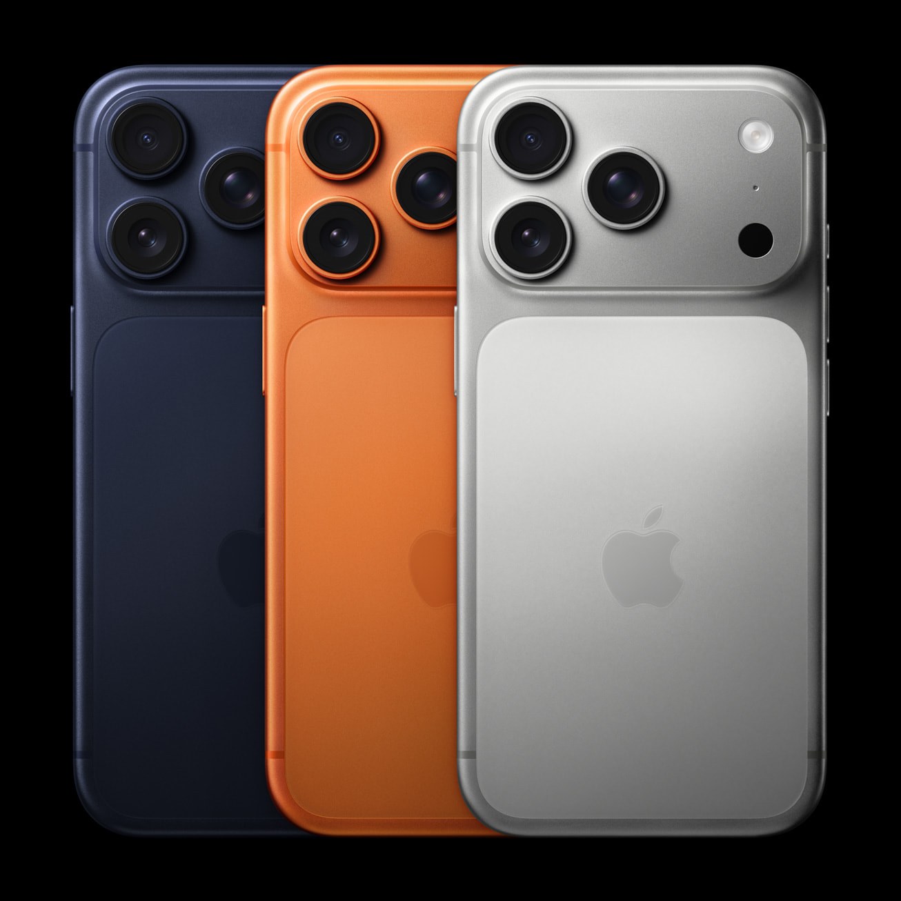 Los tres colores del iPhone 17 Pro Max: azul intenso, naranja cósmico y plata