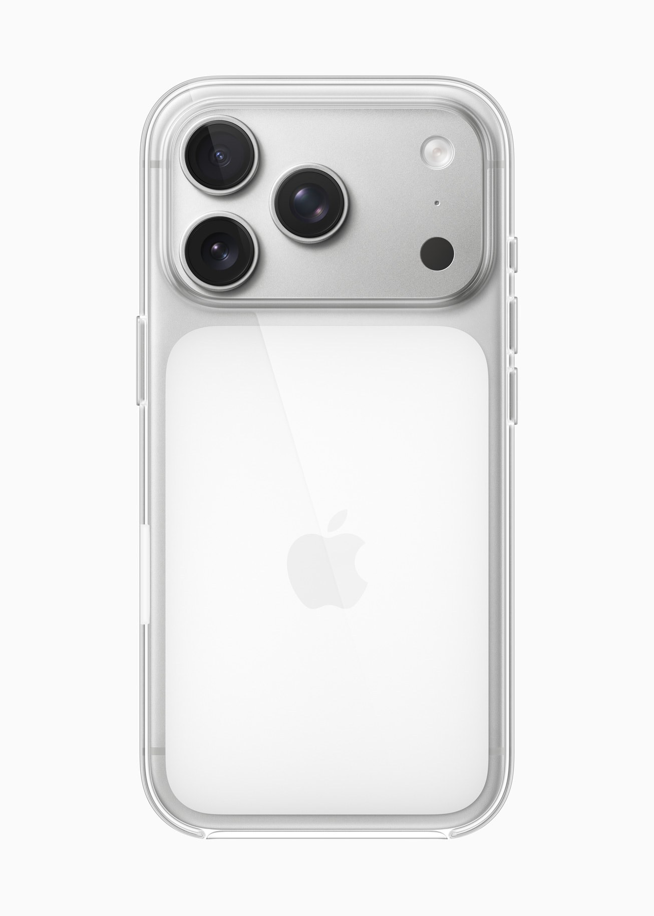 iPhone 17 Pro Max en plata dentro de su funda transparente con MagSafe