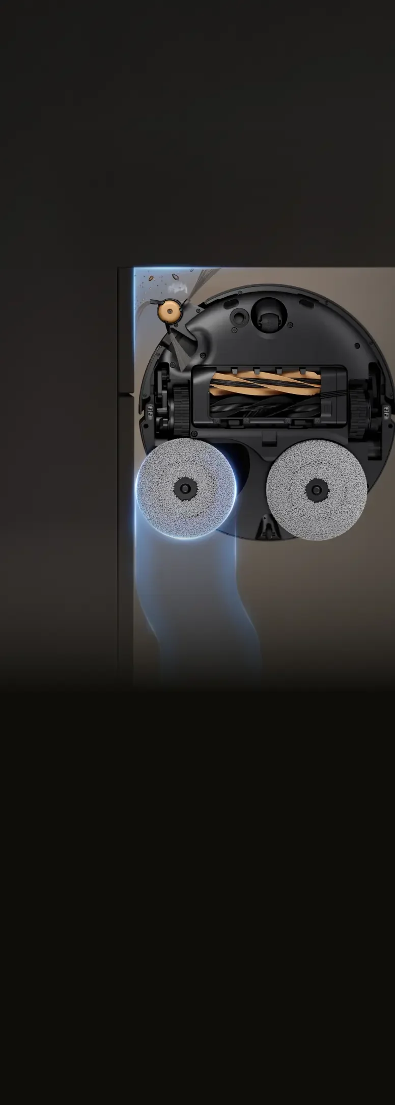 Vista inferior del Dreame L60 Pro Ultra con sus dos mopas giratorias extensibles