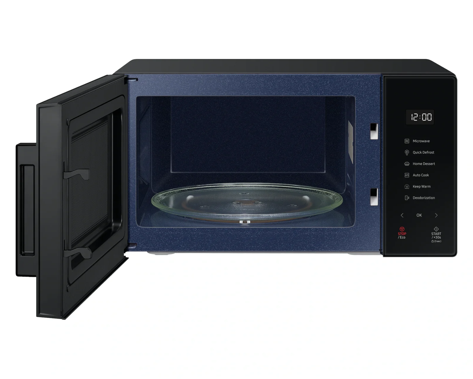 Microondas Samsung MS23T5018A en negro con la puerta abierta