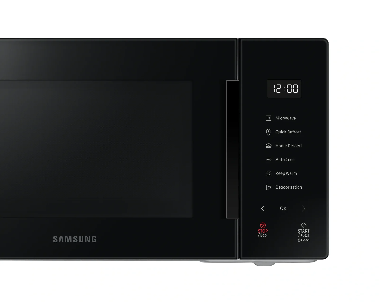 Detalle del panel de control y el tirador del microondas Samsung MS23T5018A