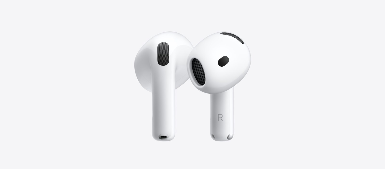 Los dos auriculares AirPods 5 en blanco sobre fondo claro