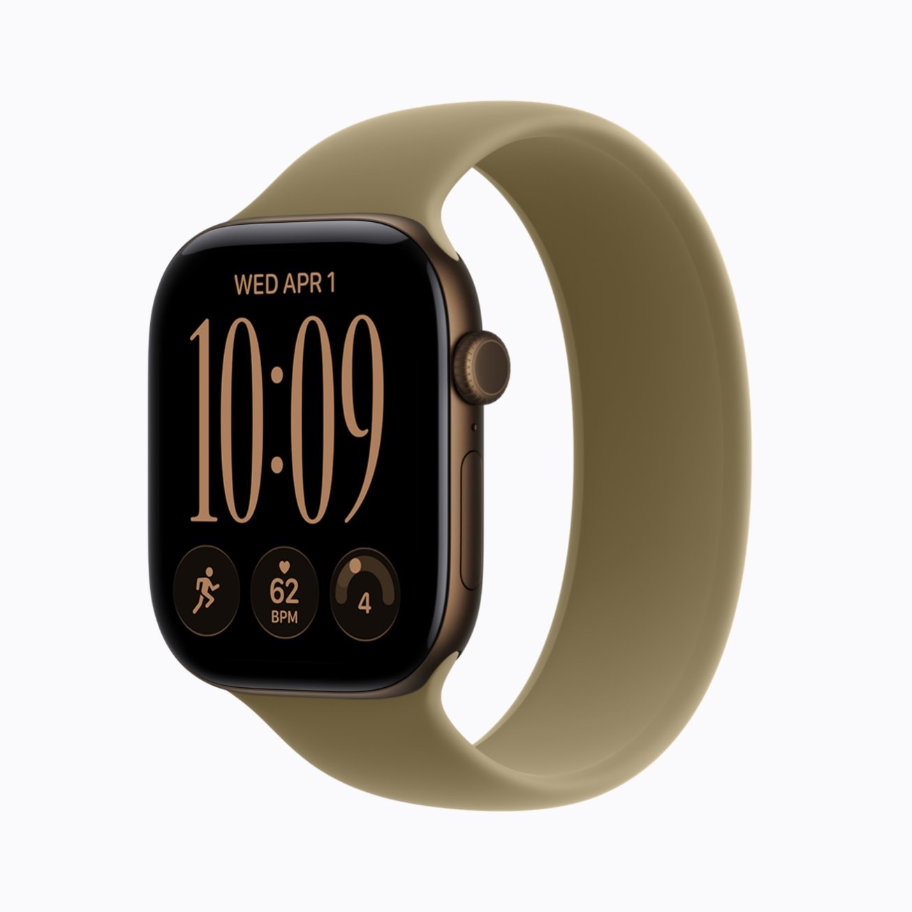 Apple Watch Series 12 de aluminio bronce oscuro con correa deportiva verde oliva