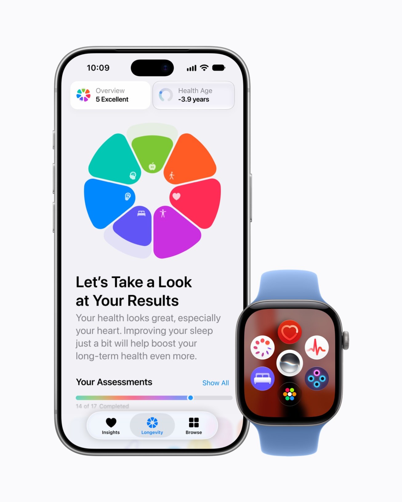 La nueva app Salud en el iPhone junto a un Apple Watch Series 12